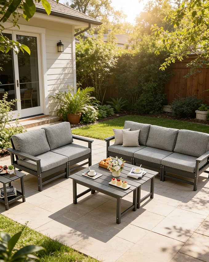 HDPE Outdoor Patio Furniture Set with Cushions, 8 Piece Patio Conversation Set Sofa Set,All Weather Outdoor Couch Set with Coffee Table for Lawn, Garden, Deck