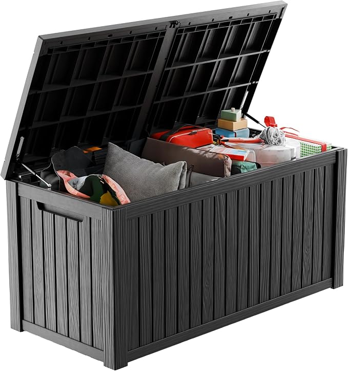 PatioZen 180 Gallon Outdoor Deck Box,Waterproof Resin Outdoor Storage Boxes, Outside Storage Lockable Container for Garden Tools,Indooor Cushions,Accessories (Black)