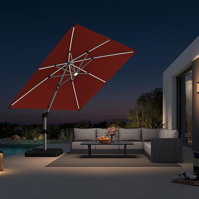 PURPLE LEAF 10 Feet Patio Umbrella with Lights Outdoor Square Cantilever Umbrella Solar Powered LED with 360-degree Rotation for Garden Deck Pool Patio, Brick Red