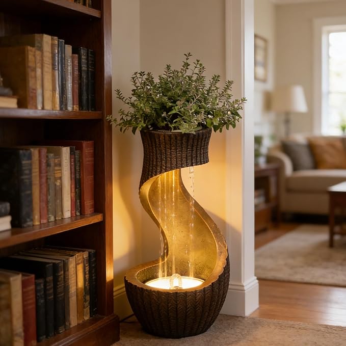 26.77" Tall S-Curved Water Fountain Outdoor, Garden Cascading Waterfall Feature with Textured Rustic Finish, LED Lights & Planter Bowl for Patio, Backyard or Porch and Indoor/Outdoor Home Decor
