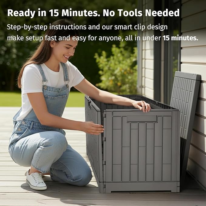 EAST OAK Outdoor Storage Box, 60 Gallon Deck Box Indoor and Outdoor Use, Waterproof Resin Storage Bin for Patio Cushions, Gardening Tools, Lockable, UV Resistant, Ash Grey