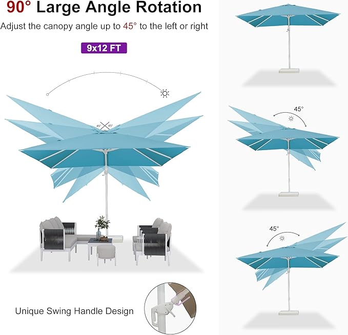 PURPLE LEAF 9' X 12' Right-left Tilt White Cantilever Umbrella with Base Patio Outdoor Swivel Umbrellas with Aluminum Tilt Offset Umbrella with 360° Rotation for Deck Pool, Turquoise