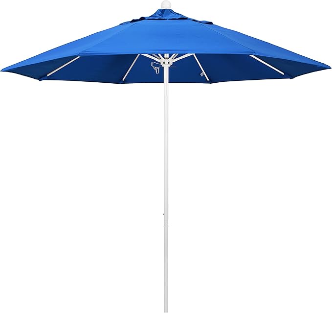California Umbrella 9' Round Aluminum/Fiberglass Umbrella, Push Open, White Pole, Olefin Royal Blue Fabric