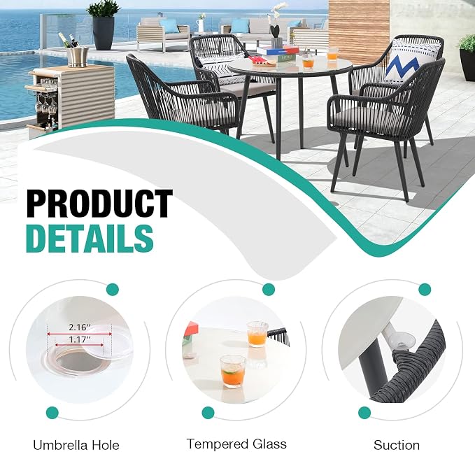 Patiorama Outdoor Dining Table, 35'' Patio Round Table, All-Weather Rope Rattan Wicker Patio Dining Table, Patio Tempered Glass Table w/Umbrella Hole, Outdoor Coffee Table for Lawn Garden Pool(Black)