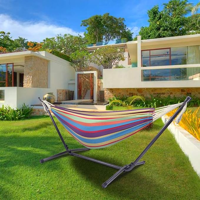 Portable Outdoor Polyester Hammock Set,Single Person Brazilian Hammock,Garden Cotton Hammocks,Indoor Swing Hammock Chair,with Stand & Carry Bag,for Outside Patio Porch Poolside Backyard (Rainbow)