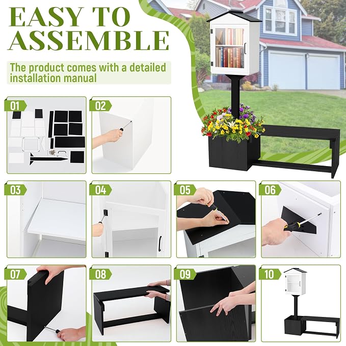 Wonderjune 3-in-1 Little Library Box Outdoor with Bench & Planter DIY Paintable Lending Free Library Pine Wood Neighborhood Share Box Ground Mount Kit for Yard Garden Community School(Black and White)