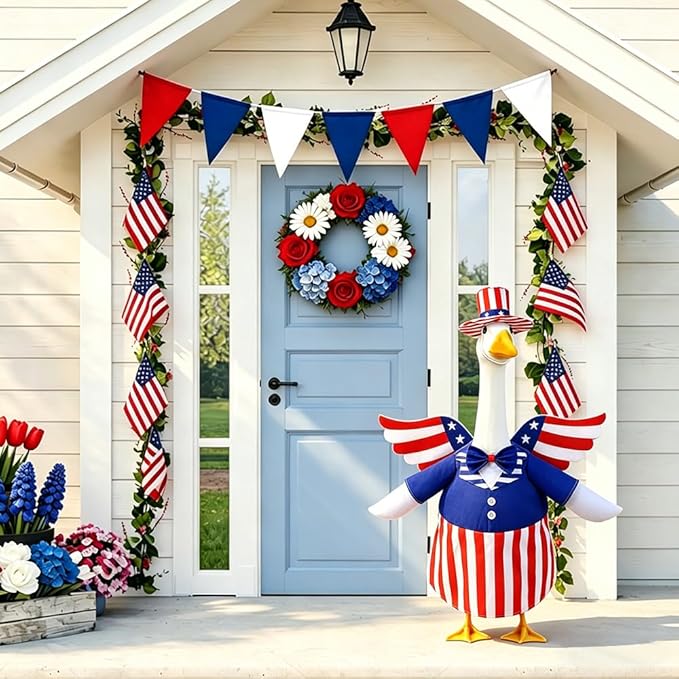 4th of July Patriotic Porch Goose Outfits with Wings for 23" Porch Goose Independence Day Goose Costume USA 250th Anniversary Outdoor Patio Yard Lawn Garden Decoration