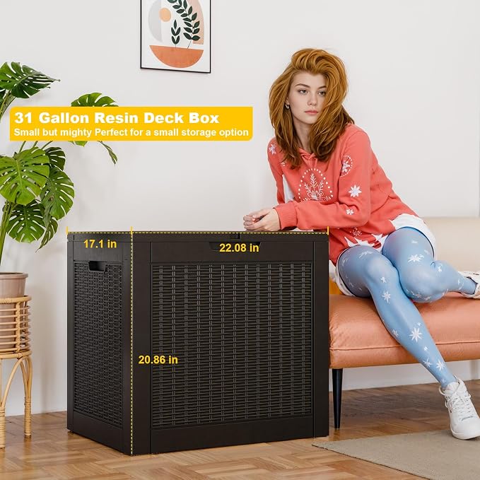 PatioZen 31 Gallon Wicker Pattern Resin Deck Box, Lockable Patio Outdoor Storage Box for Furniture, Garden Tools and Tools Storage, Waterproof Outside Storage Box (Black)