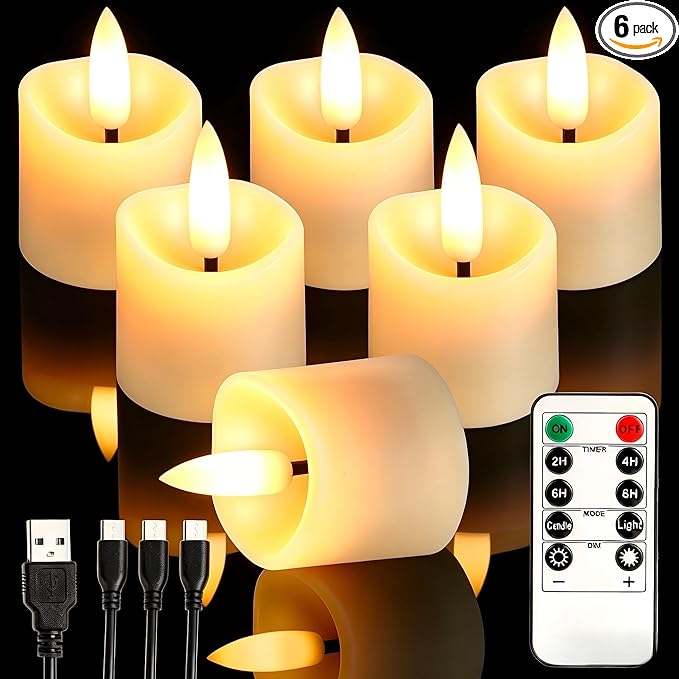 Rechargeable Flameless Tea Light Candles with Timer Remote, 1.5"x2.2" Electric Fake Flickering Votive Candles for Aniversary Wedding Centerpiece Table Decor Funeral Halloween Christmas (6 Pack)