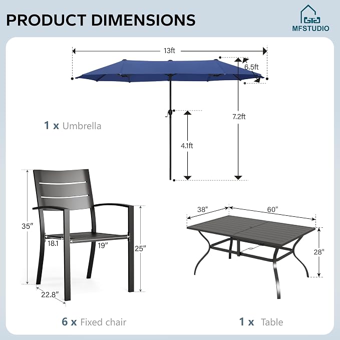 MFSTUDIO Outdoor Dining Set with Umbrella, Metal Patio Dining Set for 6 Persons, Patio Furniture Set with Navy Blue Umbrella (Base not Included)
