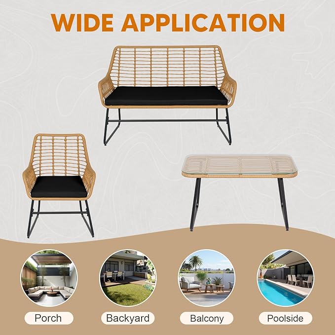 4 Piece Outdoor Wicker Patio Conversation Bistro Set, Rattan Patio Furniture Set with Table and Cushions, Conversation Loveseat Chairs for Backyard, Balcony, Black