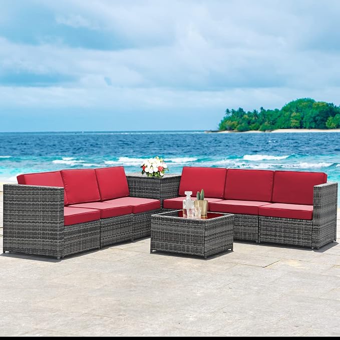 RELAX4LIFE 8-Piece Patio Furniture Set - PE Wicker Conversation Set w/Soft Cushions & Tempered Glass Storage Table, Outdoor Sectional Sofa Set for Garden, Poolside, Backyard (Red)