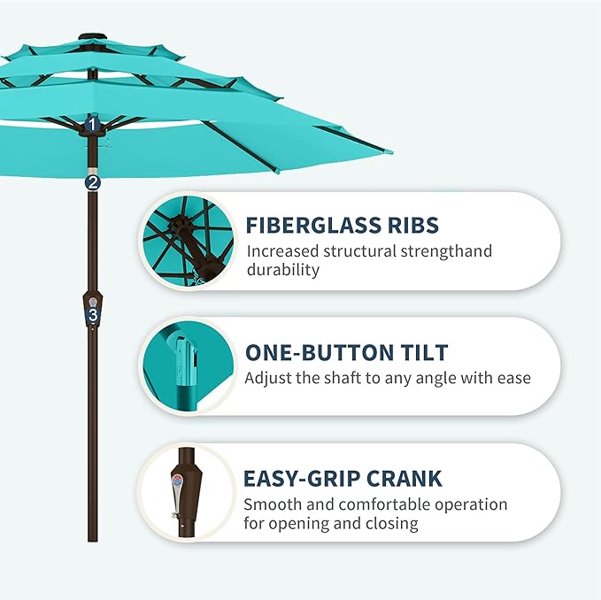 PatioKingdom 9ft 3-Tier Patio Market Umbrella with Crank/Tilt, Commercial Heavy Duty Wind Proof,Outdoor Table Umbrella with 8 Fiberglass Ribs,UPF50+ for Deck,Pool,Garden,Backyard (Peacock Blue)