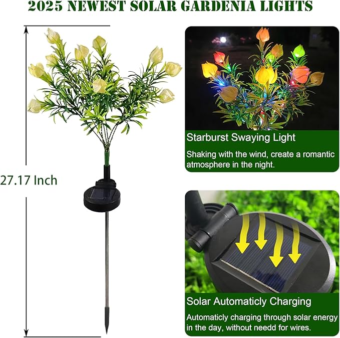 Solar Garden Lights Outdoor, 2 Pack 35 LED Solar Flower Lights, Colorful Waterproof Gardenias Flower for Garden Yard Pathway Fall Decor, Gifts for Mother's Day Mom