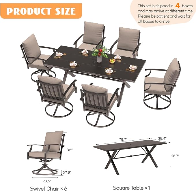 7-Piece Patio Dining Set Outdoor Conversation Set,Metal Outdoor Furniture Set with Umbrella Hole Cut-Out 78.7" x 35.4" Table and 6 Metal Backrest Swivel Chairs for Backyard,Garden,Sand