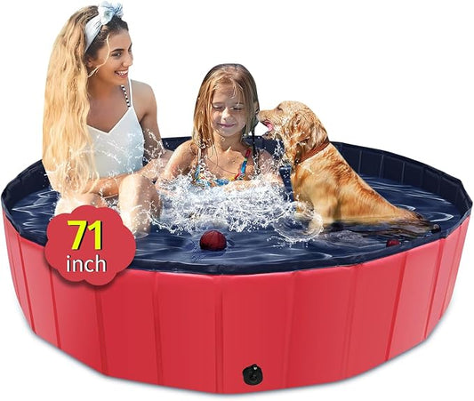 CACSPS Foldable Dog Pool, 71" x 14" Large Kiddie Pool with Hard Plastic, Non-Slip Dog Bath Tub for Outdoor Backyard, Collapsible Dog Swimming Pool for Kids Dogs Pets (Red)