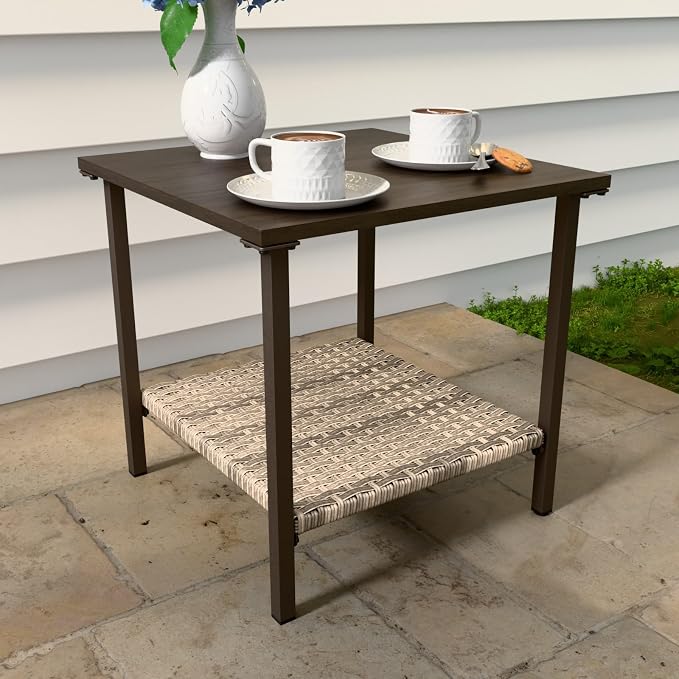 EAGLE PEAK Coastal Vista Outdoor Table with Wicker Shelf for Garden, Patio, Poolside and Porch, Square, Wood Grain Top