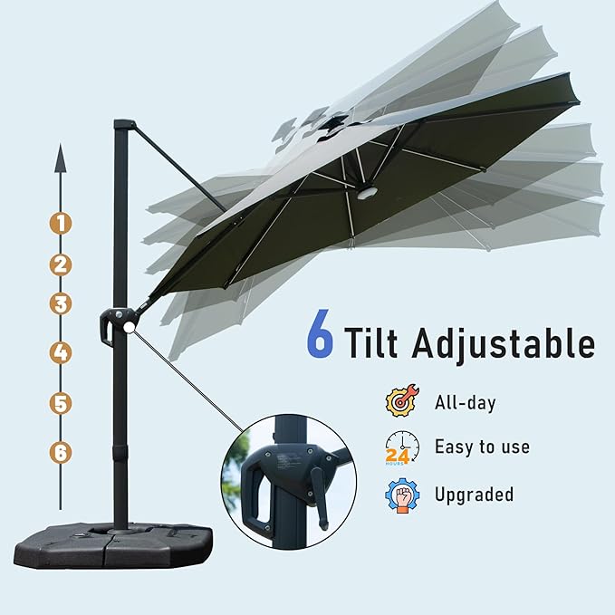 Domi 10FT Cantilever Patio Umbrella Solar Powered LED Round Deluxe Offset Umbrella, Aluminum Hanging Umbrella with 360°Rotation, Outdoor Market Umbrella for Outside Deck Backyard Garden Pool, Gray