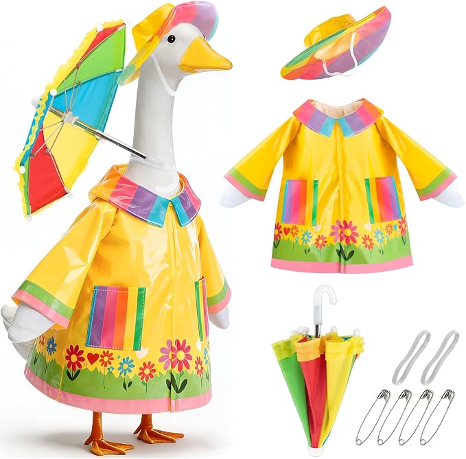 Raincoat Porch Goose Outfits, Spring Goose Clothes for Garden Decor | for 23" Cement/Plastic Goose Statue, Rainy Season Porch Goose Clothes & Umbrella & Hat, Lawn Goose Decor for Yard Statues