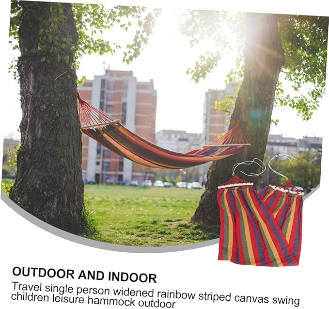POPETPOP Single Person Rainbow Striped Outdoor Hammock Swing, Portable Leisure Canvas Cotton Fabric with Anti-tip Design, Suitable for Patio Garden and Camping