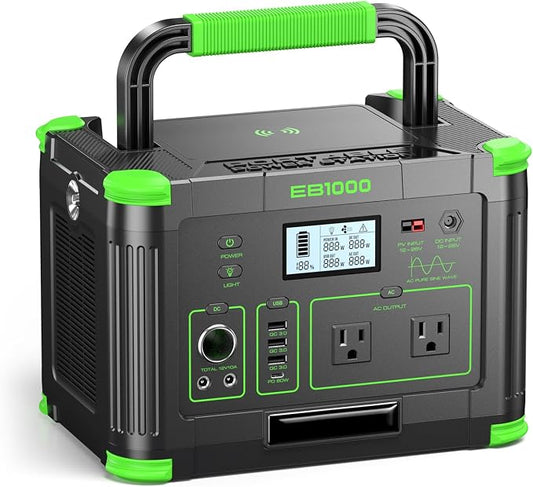 Solar Generator 1000W Portable Power Station, 120V Pure Sine Wave AC Outlets, 60W USB-C PD Fast Charging, 10 Ports for RV Trip,Camping,Home Emergency