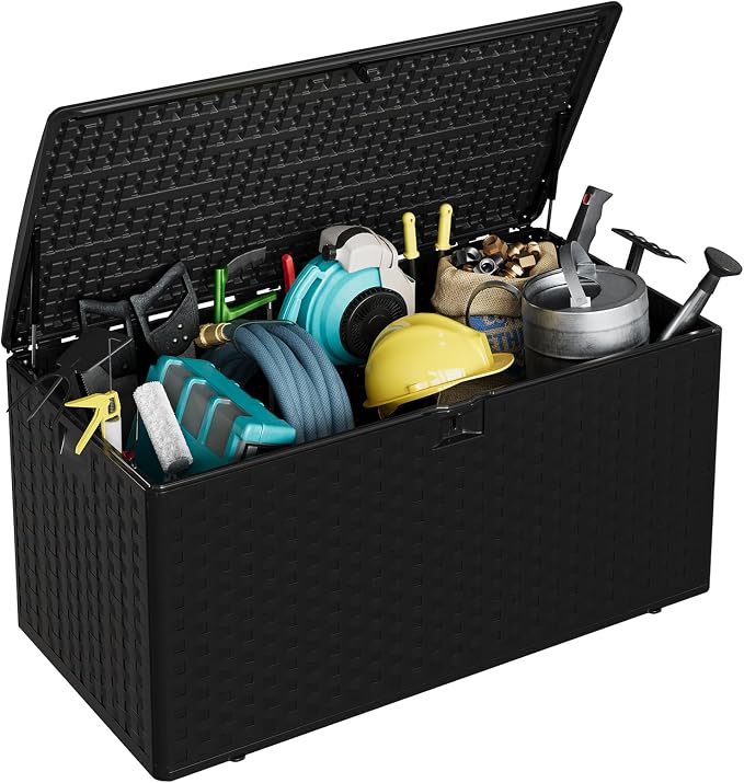 99 Gallon Large Outdoor Storage Box - Waterproof Resin Deck Box with Lockable Lid & Gas Struts, All-Weather Patio Storage Bench for Cushions, Pool Toys, Garden Tools, Rattan Texture, Black