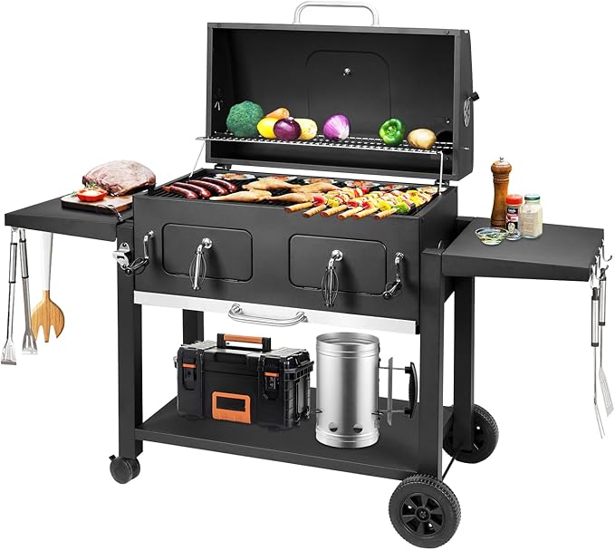 Kenadne Charcoal Grill Outdoor BBQ Grill, Extra Large Cooking Area 794 Square Inches with Two Individual & Adjustable Charcoal Tray, Foldable Side Tables for Outdoor Cooking grill Backyard