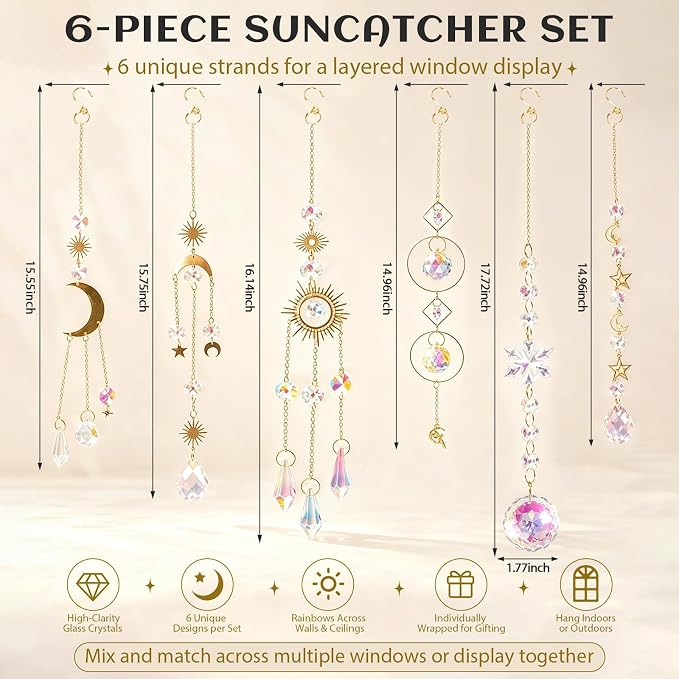 6 Pack Crystal Suncatchers for Window, Rainbow Prism Hanging Decor | Sun Catchers Indoor Hanging Decor with Sun Moon Star Charms, Sparkly Window Ornaments for Home, Office, Garden, Wedding Gift