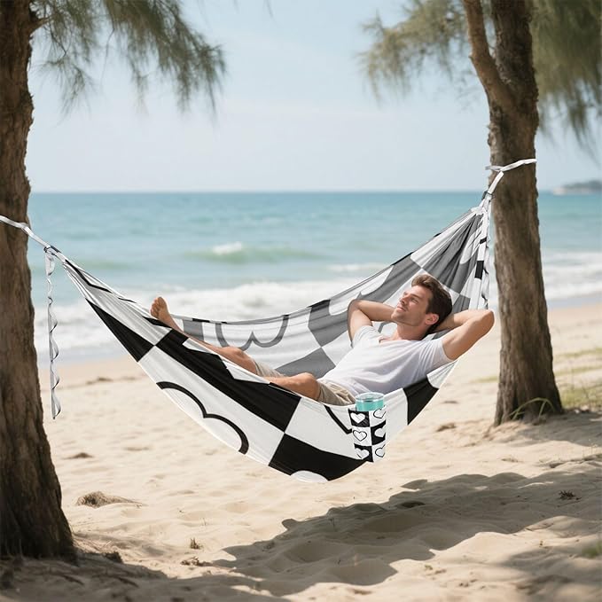 Plaid Black White Hearts Shape 330lb Capacity Camping Hammock Tree Hammock for Camping Travel Accessories hamaca con soporte para adultos