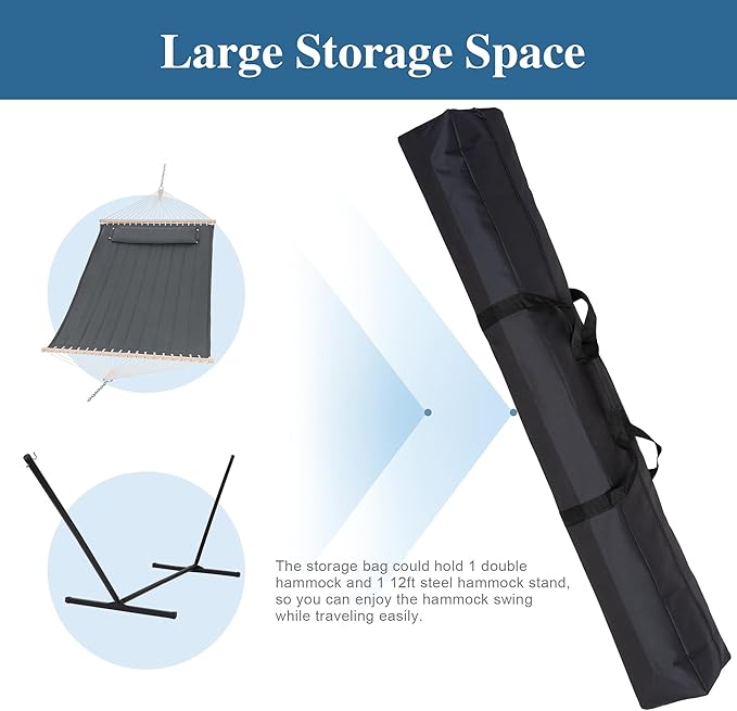 SUNCREAT Double Quilted Hammocks for Outside with 12ft Stand, Heavy Duty Hammock Storage Bag