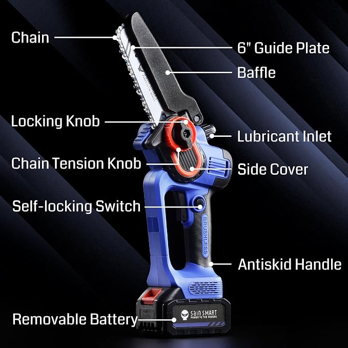 SainSmart Mini Chainsaw 6 Inch Cordless Portable Electric Chainsaw, Handheld Powered Super Saw with 2PCS 3000mAh Batteries, Goggles & Gloves, for Tree Trimming Branch Pruning Woodcutting