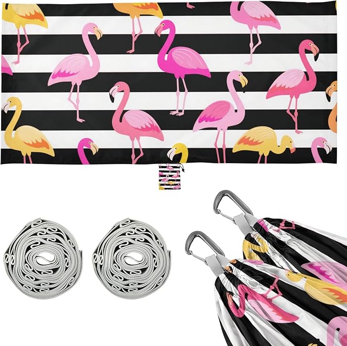 Black and White Striped Flamingo 330lb Capacity Hammocks with Tree Straps Swing Hammock for Outside Patio Backyard Poolside hamaca para adultos