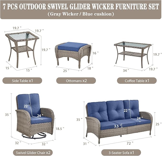 Belord Wicker Outdoor Furniture Set - 7 Piece Patio Conversation Sets with Comfort Swivel Rocker Glider Patio Chairs Set of 2 and Rattan Sofa, Tempered Glass Coffee Table and Side Table,Gray/Blue