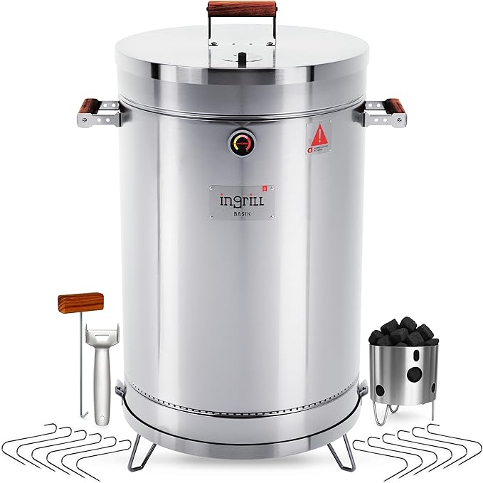 3-in-1 Stainless Steel Smoker Barrel Grill – Portable Charcoal BBQ with Thermometer, 40 lbs Outdoor Cooking Smoker for Camping, Backyard & Home BBQ INGRILL