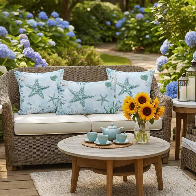 Coastal Starfish Waterproof Outdoor Pillow Covers Set of 2 Home Decor, Nautical Coral Tropical Fish Seashells Pillowcase Patio Pillow Covers for Couch Bench Furniture Garden 24x24in