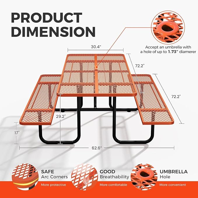 72" Coated Round Metal Picnic Table for 4-6 Person, Durable Heavy Duty Commercial Picnic Table with Umbrella Hole for Outdoor Coffee Shop, School, Easy to Install, Orange