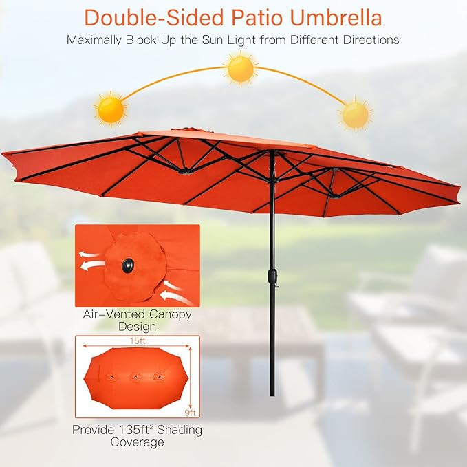 Tangkula 15FT Double-Sided Patio Umbrella with Base, Extra-Large Market Umbrella W/Crank System, Outdoor Twin Umbrella W/ 12-Rib Metal Structure & Air Vents for Garden, Backyard, Poolside (Orange)