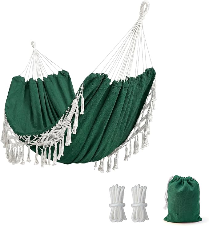 Double Boho Macrame Hammock with Elegant Tassels for Patio, Yard, Beach Wedding Decor, Outdoor and Indoor Up to 450lbs Include Tie Ropes and Drawstring Bag （Green）