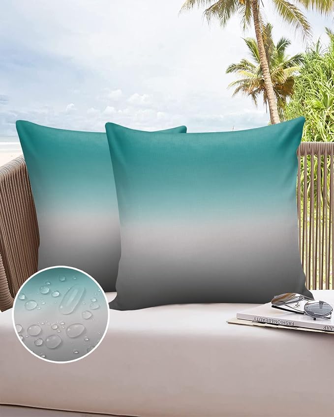 Outdoor Waterproof Throw Pillow Covers Set of 2 Green and Grey Ombre Pillowcases 16x16 Inches Teal Gradient Color Patio Decorative Pillows Cushion Case Patio Pillows for Couch Bed Chair Garden