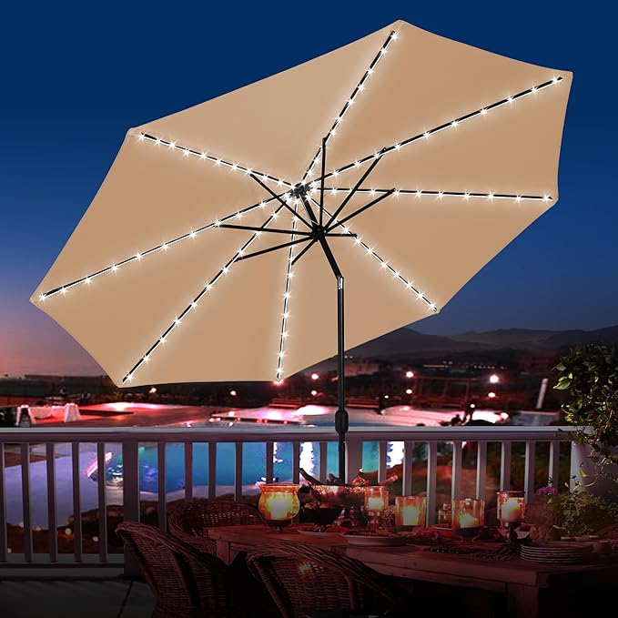 Sundale Outdoor OLEFIN LED Solar Patio Umbrella with Sand Bag Umbrella Base, Outdoor Umbrella with Tilt and Crank