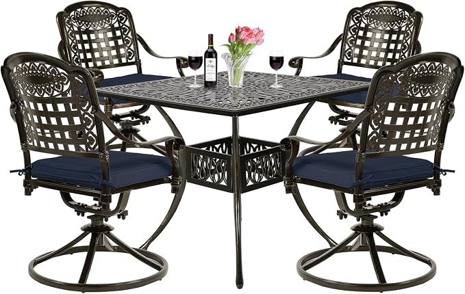 VIVIJASON 5-Piece Outdoor Patio Dining Set, All-Weather Cast Aluminum Conversation Set, Patio Furniture Set Include 4 Swivel Cushioned Chairs, 1 Square Table w/Umbrella Hole, Navy Blue Cushion