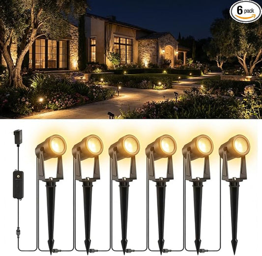 ZYAN Landscape Spotlights with Sensor and Timer, Continuously Adjustable Brightness, Auto On Off, Low Voltage Outdoor IP65 Waterproof for Patio Yard Garden Pathway, 2700K Warm White (6 Pack)