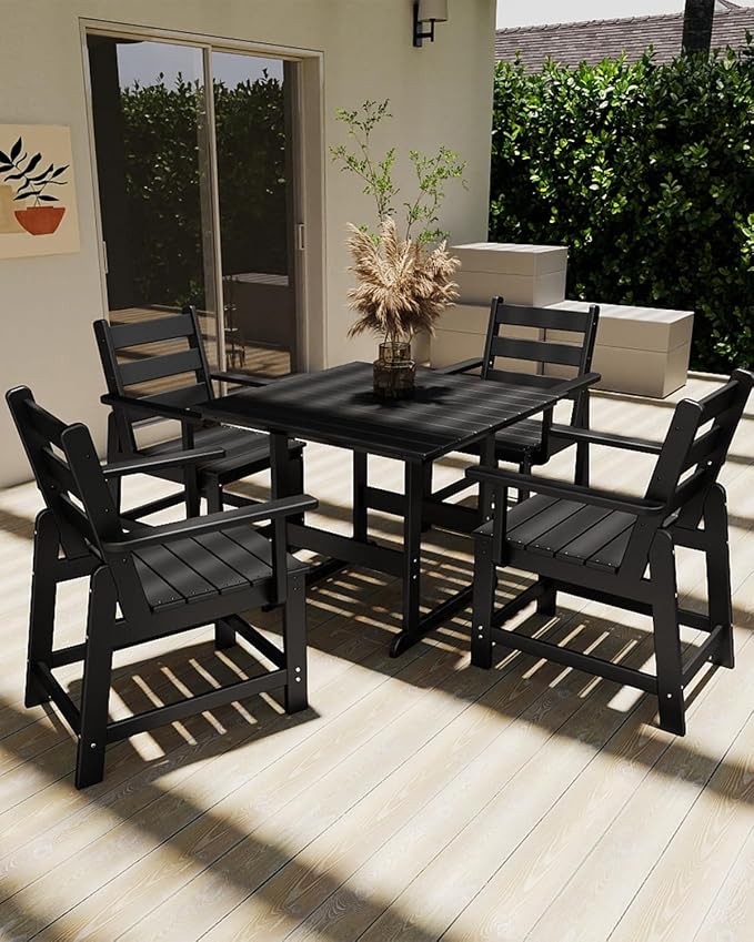 GREENVINES 5-Piece-Outdoor-Dining-Set | HDPE | Square | Patio Furniture | All Weather | Removable Armrests | Slatted Table and Chairs Sets for 4 | for Backyard Poolside Garden | Black