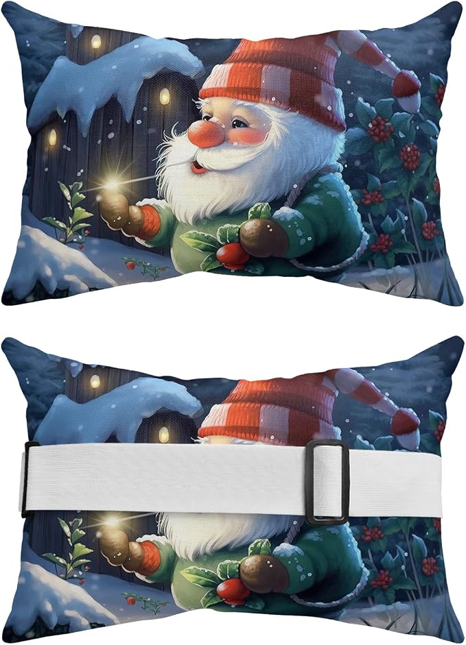 Outdoor Pillows Covers with Inserts Red Cap Gnome Snowing House Forest Christmas Waterproof Recliner Pillow with Adjustable Strap Throw Pillows for Patio Furniture Pool Lounge Chair, 11x16 Inch, 1PCS