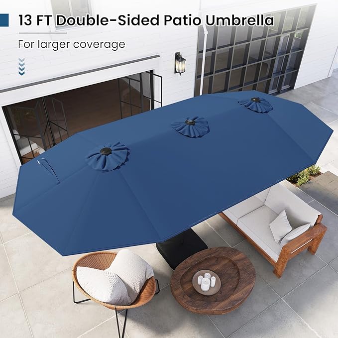 Tangkula 13FT Double-Sided Solar Patio Umbrella, Extra-Large Outdoor Twin Umbrella with 36 LED Lights, Vented Top, Crank Handle, 12 Ribs, Weighted Base Included for Backyard Poolside Deck (Navy)