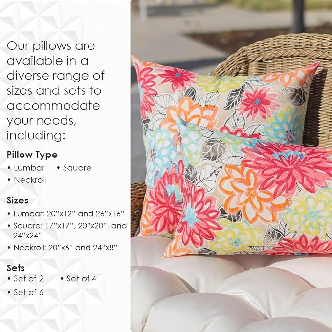 RSH DECOR: Lumbar & Square Throw Pillows Set of 4 | 20" x 12" & 17" x 17" | All-Weather Spun Fabric | Water and Fade-Resistant | Outdoor Accent Pillows for Patio Furniture | Gregoire Fresco