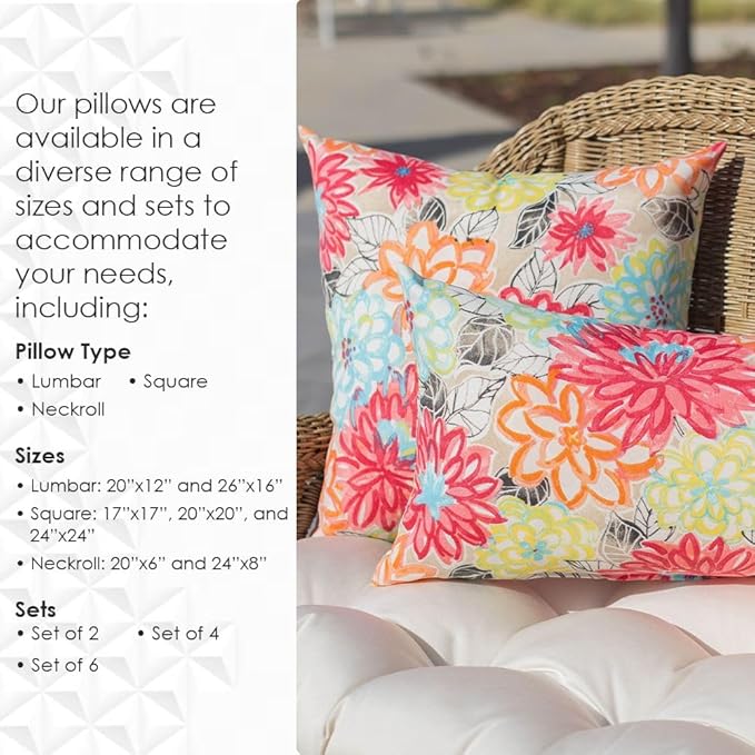 RSH DECOR Square Throw Pillows Set of 2, 20" x 20", Outdoor Pillows Waterproof, Copeland Caribe Blue Floral Made in USA