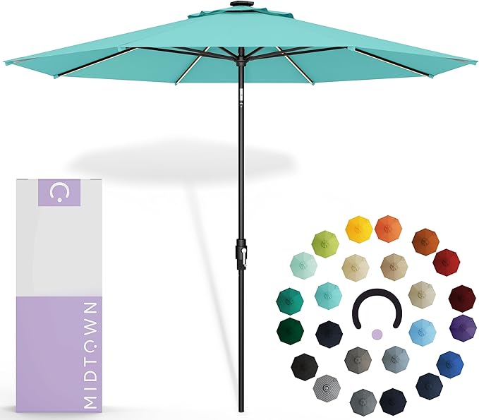 Midtown Umbrellas The LED Swilt 10 Feet Patio Umbrella With Sunbrella Aruba Acrylic Fabric - Auto-Tilt Aluminum Frame With LED Lights For Backyard, Deck, Garden, Pool - Black Pole