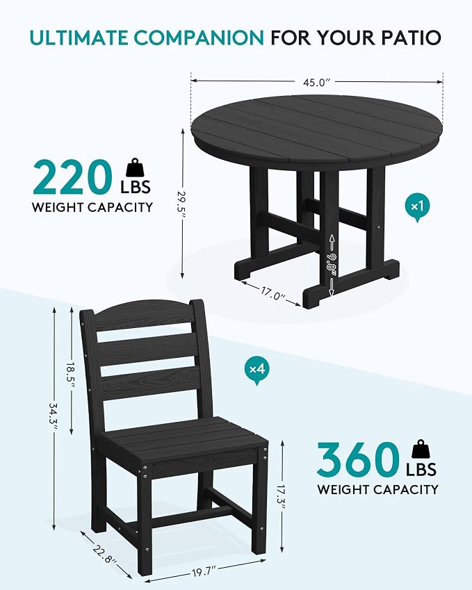 SERWALL Outdoor Round Dining Sets with Umbrella, HDPE Patio Table and Chairs Furniture Set, 45" Round Dining Table & 4 Armless Dining Chairs & 1 9FT Umbrella, Black(Not Include Umbrella Base)