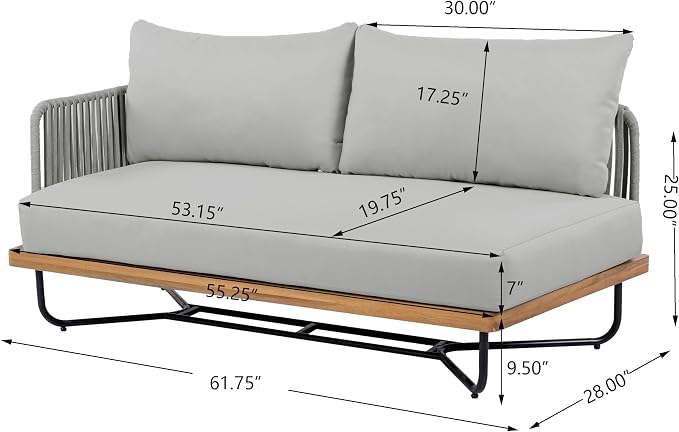 Christopher Knight Home 3-Piece Patio Furniture Set, Acacia Wood Outdoor Sectional Sofa with Rope Woven & Cushions, 4-Seat Sofa, Loveseat and Coffee Table, Outdoor Conversation Set, Light Grey+Teak
